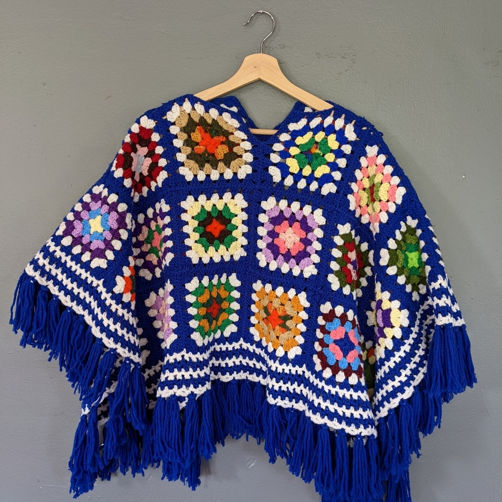 Vintage Handmade Crocheted Granny Square Poncho